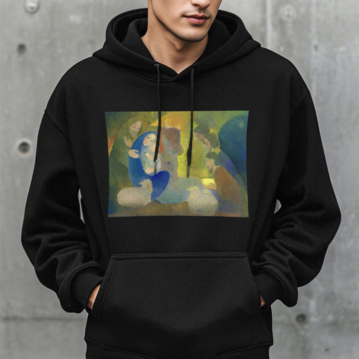 Christianartworkshop Klassischer, farbiger Weihnachtskrippen-Kapuzenpullover mit Fleecefutter aus Polyester