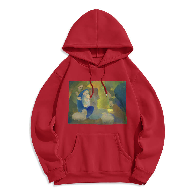 Christianartworkshop Klassischer, farbiger Weihnachtskrippen-Kapuzenpullover mit Fleecefutter aus Polyester