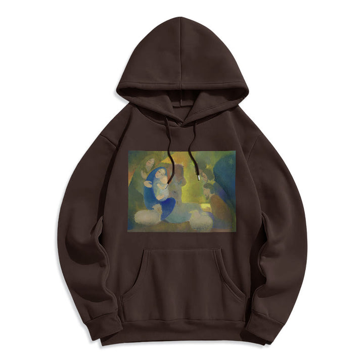 Christianartworkshop Klassischer farbiger Kapuzenpullover mit Krippenmotiv, gefüttert mit Polyester, gefüttert mit Fleece, Heilige Nacht - Braun - 2XL - image 15