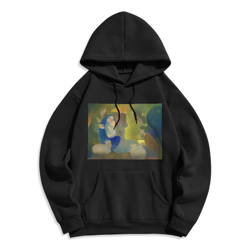 Christianartworkshop Klassischer farbiger Kapuzenpullover mit Krippenmotiv, gefüttert mit Polyester, gefüttert mit Fleece, Heilige Nacht - Schwarz - 2XL - image 5
