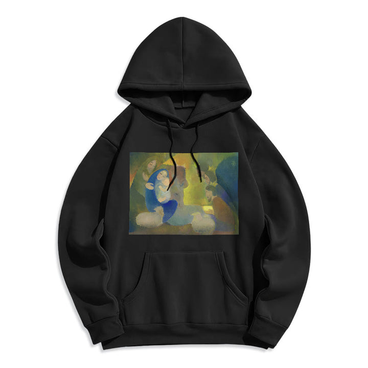 Christianartworkshop Klassischer farbiger Kapuzenpullover mit Krippenmotiv, gefüttert mit Polyester, gefüttert mit Fleece, Heilige Nacht - Schwarz - 2XL - image 5