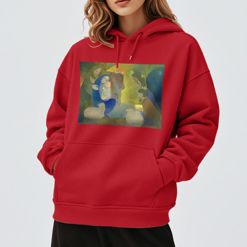 Christianartworkshop Klassischer, farbiger Weihnachtskrippen-Kapuzenpullover mit Fleecefutter aus Polyester
