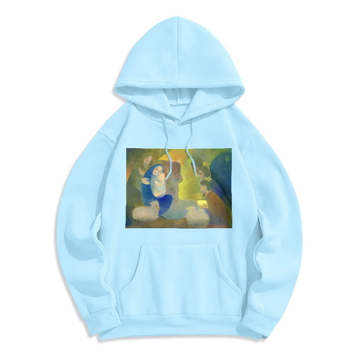 Christianartworkshop Klassischer farbiger Kapuzenpullover mit Krippenmotiv, gefüttert mit Polyester, gefüttert mit Fleece, Heilige Nacht - Blau - 2XL - image 25