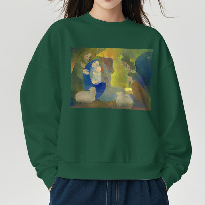 Christianartworkshop Klassisches, farbiges Weihnachtskrippen-Sweatshirt mit Fleecefutter aus Polyester