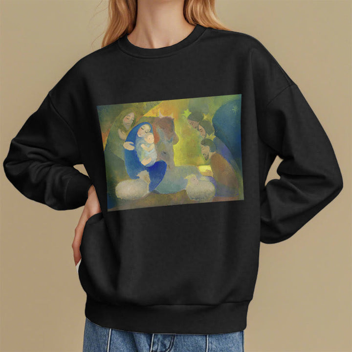 Christianartworkshop Klassisches, farbiges Weihnachtskrippen-Sweatshirt mit Fleecefutter aus Polyester