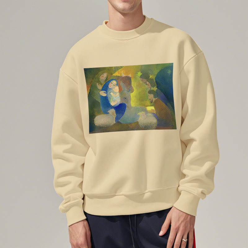 Christianartworkshop Klassisches, farbiges Weihnachtskrippen-Sweatshirt mit Fleecefutter aus Polyester