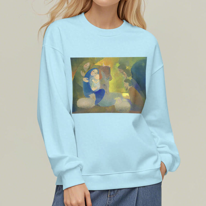 Christianartworkshop Klassisches, farbiges Weihnachtskrippen-Sweatshirt mit Fleecefutter aus Polyester