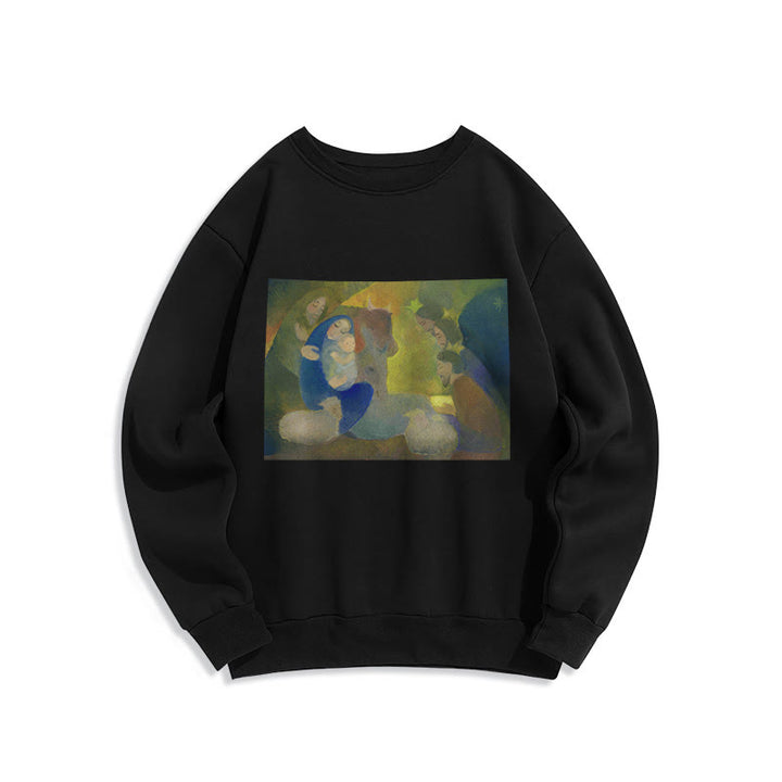 Christianartworkshop Klassisches, farbiges Weihnachtskrippen-Sweatshirt mit Fleecefutter aus Polyester