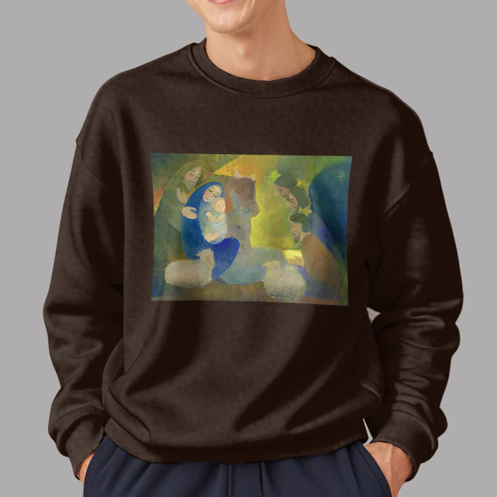 Christianartworkshop Klassisches, farbiges Weihnachtskrippen-Sweatshirt mit Fleecefutter aus Polyester