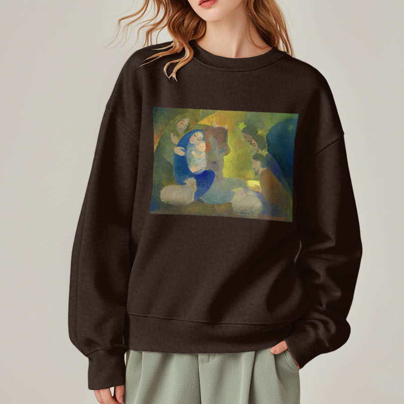 Christianartworkshop Klassisches, farbiges Weihnachtskrippen-Sweatshirt mit Fleecefutter aus Polyester