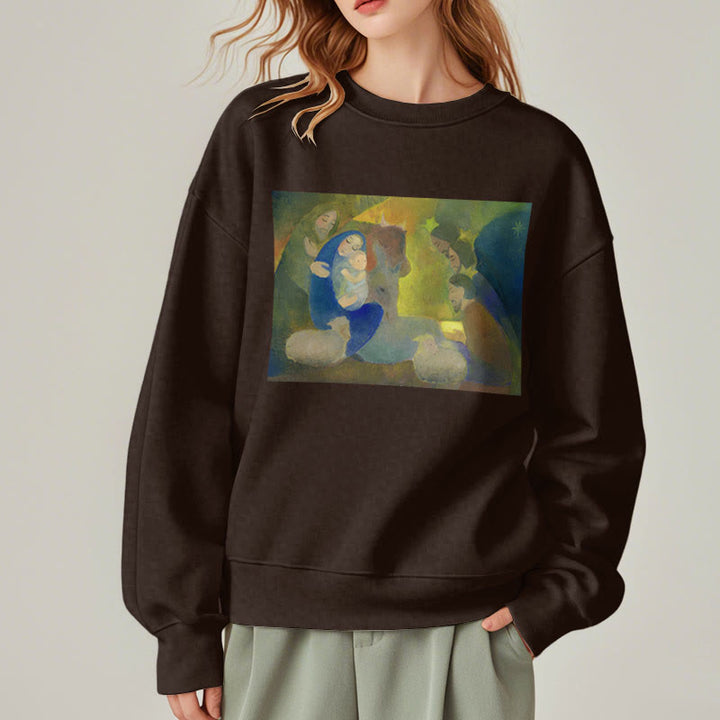 Christianartworkshop Klassisches, farbiges Weihnachtskrippen-Sweatshirt mit Fleecefutter aus Polyester