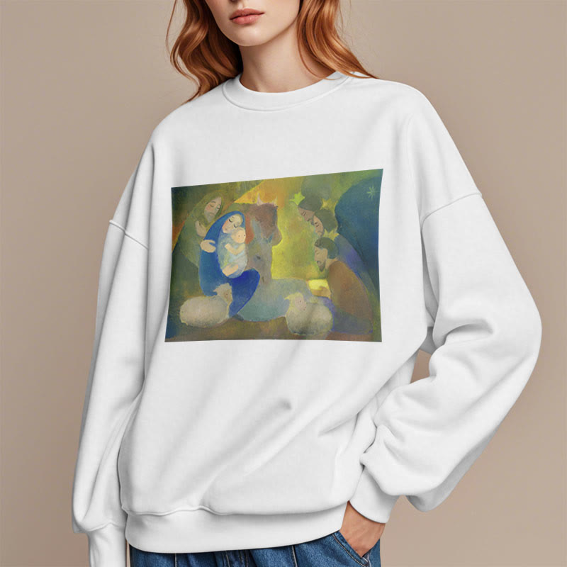 Christianartworkshop Klassisches, farbiges Weihnachtskrippen-Sweatshirt mit Fleecefutter aus Polyester