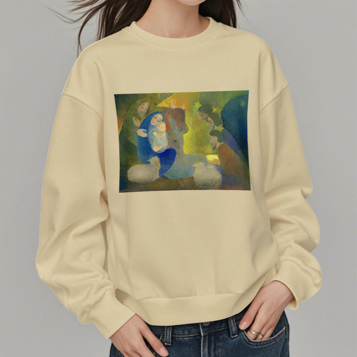 Christianartworkshop Klassisches, farbiges Weihnachtskrippen-Sweatshirt mit Fleecefutter aus Polyester