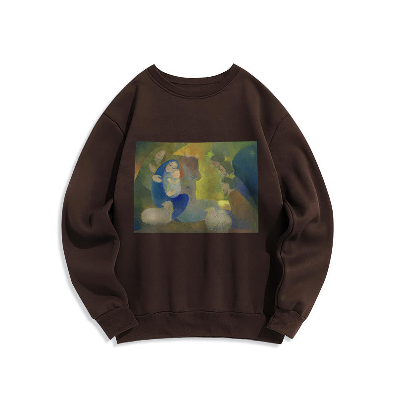 Christianartworkshop Klassisches, farbiges Weihnachtskrippen-Sweatshirt mit Fleecefutter aus Polyester