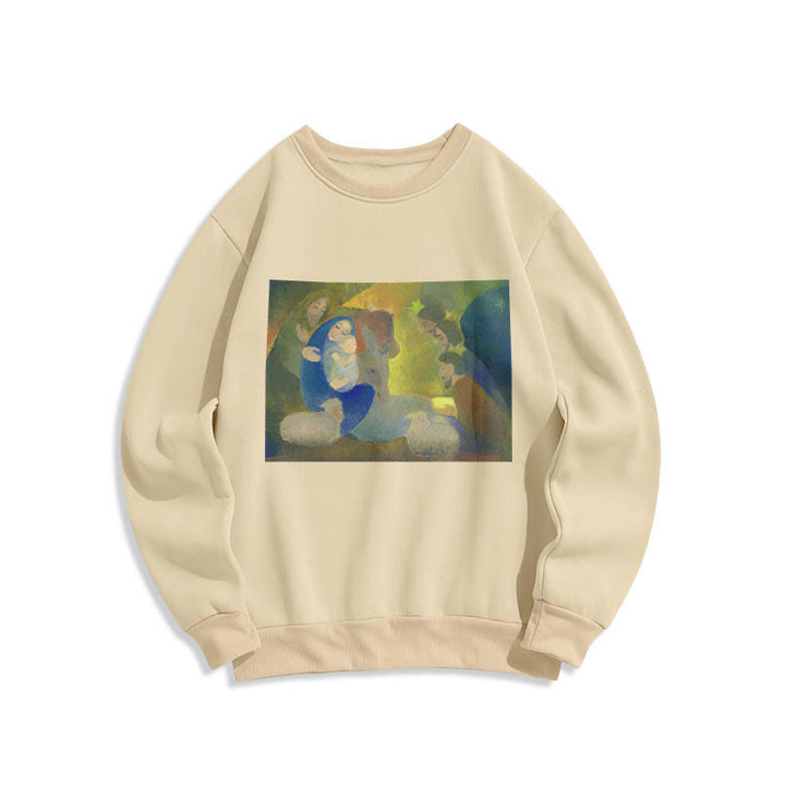 Christianartworkshop Klassisches, farbiges Weihnachtskrippen-Sweatshirt mit Fleecefutter aus Polyester