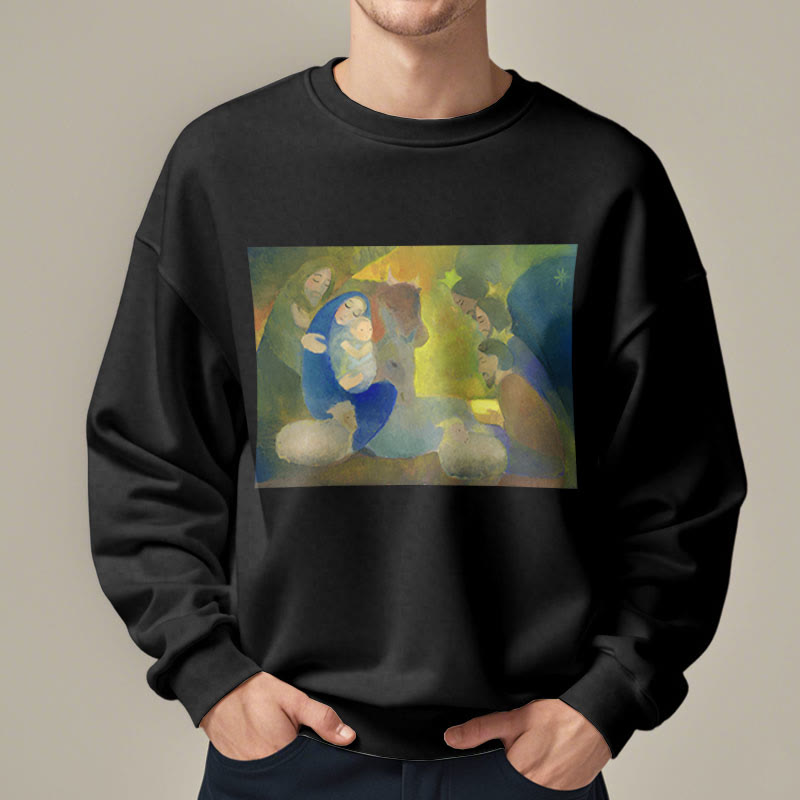 Christianartworkshop Klassisches, farbiges Weihnachtskrippen-Sweatshirt mit Fleecefutter aus Polyester