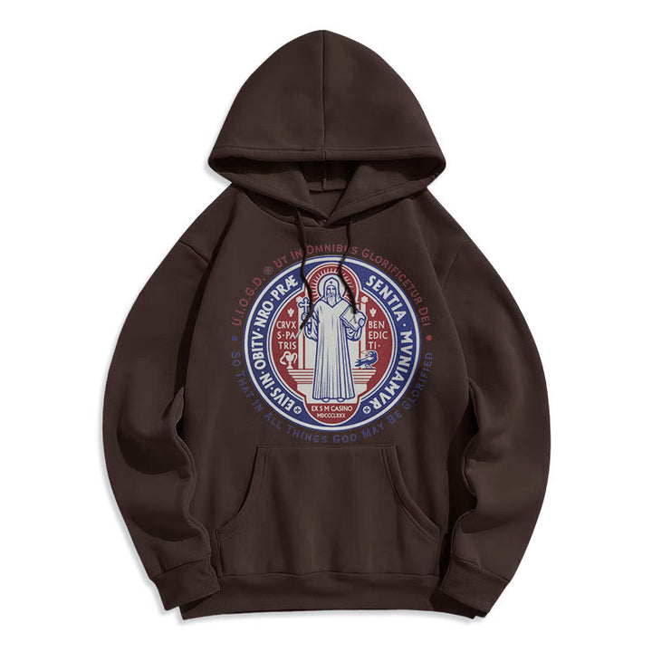 Christianartworkshop Klassischer farbiger Stil St. Benedikt-Medaillenemblem Fleece-gefütterter Polyester-Kapuzenpullover - Braun - 2XL - image 15