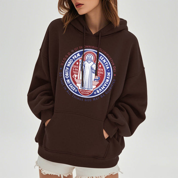 Christianartworkshop Klassischer farbiger Stil St. Benedikt-Medaillenemblem Fleece-gefütterter Polyester-Kapuzenpullover - image 18