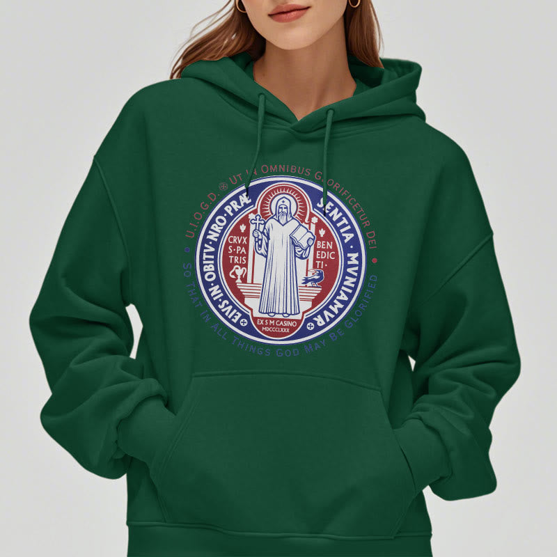 Christianartworkshop Klassischer farbiger Stil St. Benedikt-Medaillenemblem Fleece-gefütterter Polyester-Kapuzenpullover - image 22