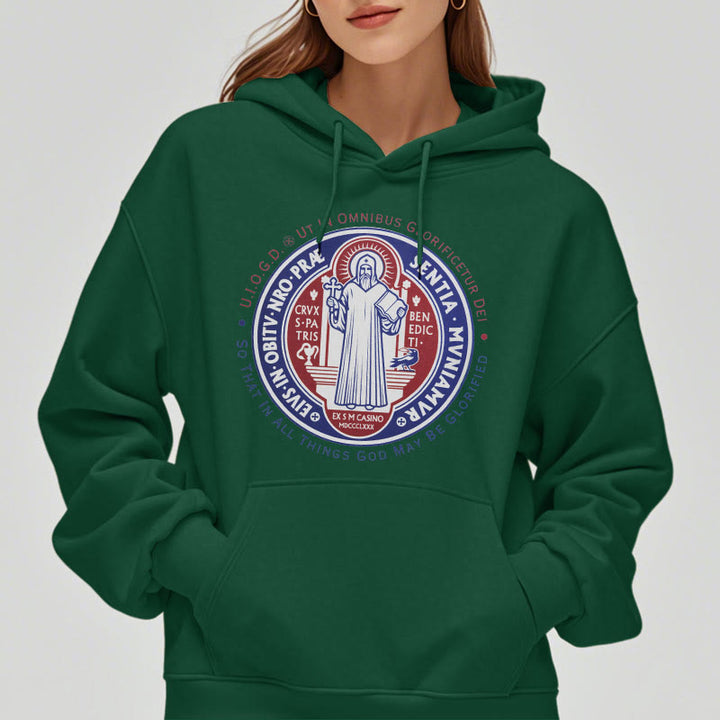 Christianartworkshop Klassischer farbiger Stil St. Benedikt-Medaillenemblem Fleece-gefütterter Polyester-Kapuzenpullover - image 22