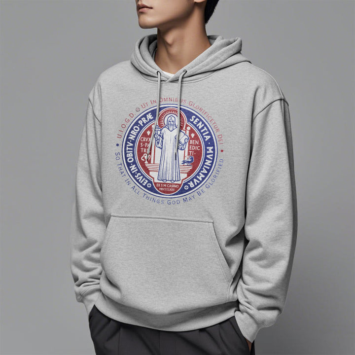Christianartworkshop Klassischer farbiger Stil St. Benedikt-Medaillenemblem Fleece-gefütterter Polyester-Kapuzenpullover