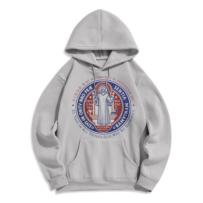 Christianartworkshop Klassischer farbiger Stil St. Benedikt-Medaillenemblem Fleece-gefütterter Polyester-Kapuzenpullover - Grau - 2XL - image 30