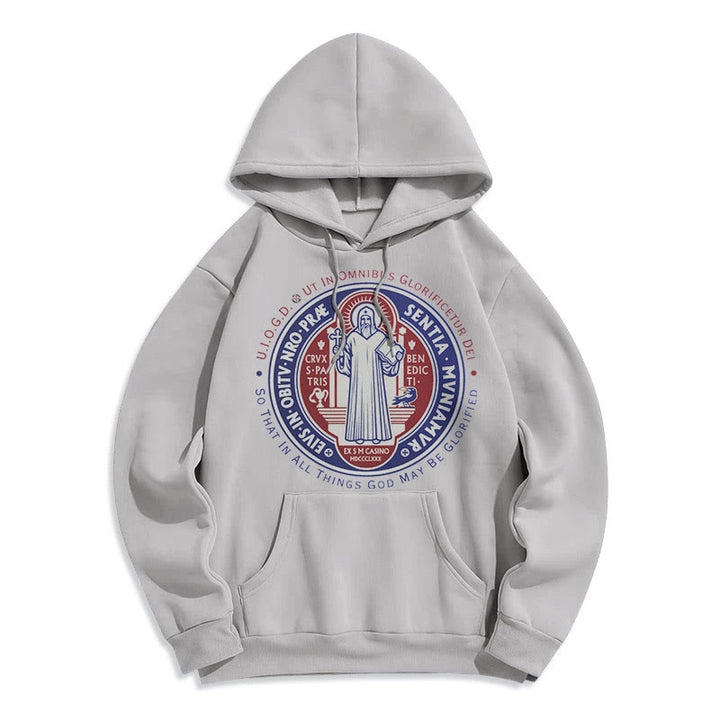 Christianartworkshop Klassischer farbiger Stil St. Benedikt-Medaillenemblem Fleece-gefütterter Polyester-Kapuzenpullover - Grau - 2XL - image 30