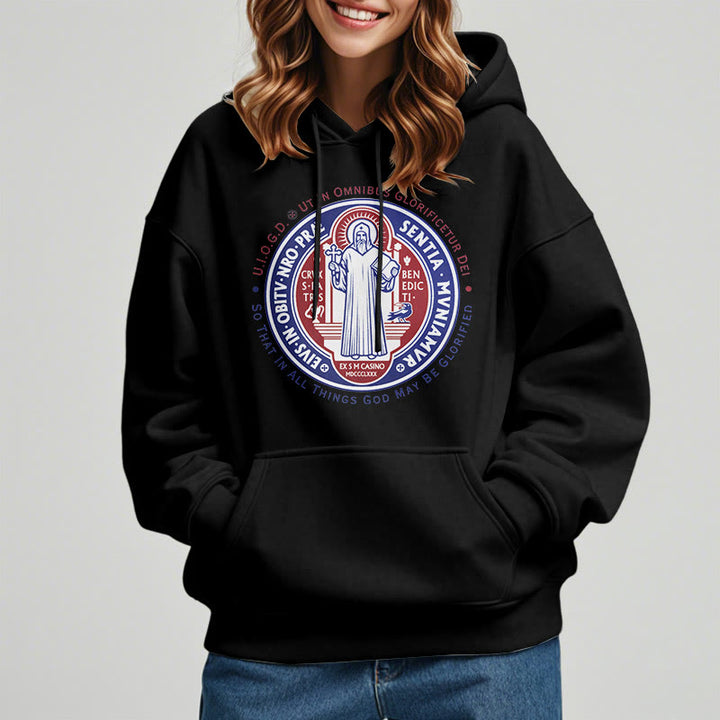 Christianartworkshop Klassischer farbiger Hoodie mit St.-Benedikt-Medaille, gefüttert mit Polyester, Fleece-Futter - image 1