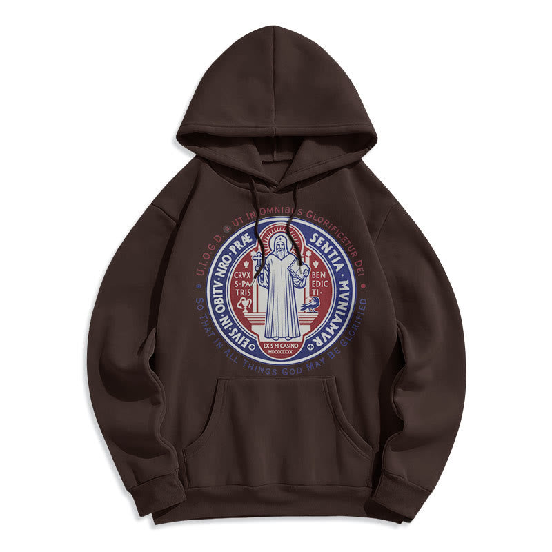 Christianartworkshop Klassischer farbiger Hoodie mit St.-Benedikt-Medaille, gefüttert mit Polyester, Fleece-Futter - Braun - 2XL - image 15