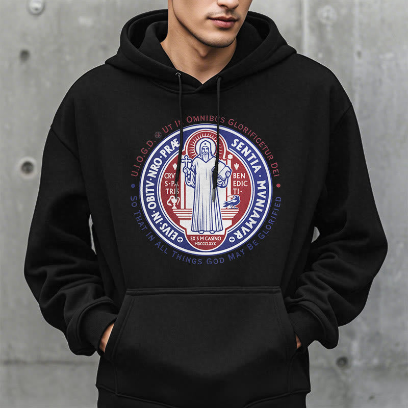 Christianartworkshop Klassischer farbiger Hoodie mit St.-Benedikt-Medaille, gefüttert mit Polyester, Fleece-Futter - image 2