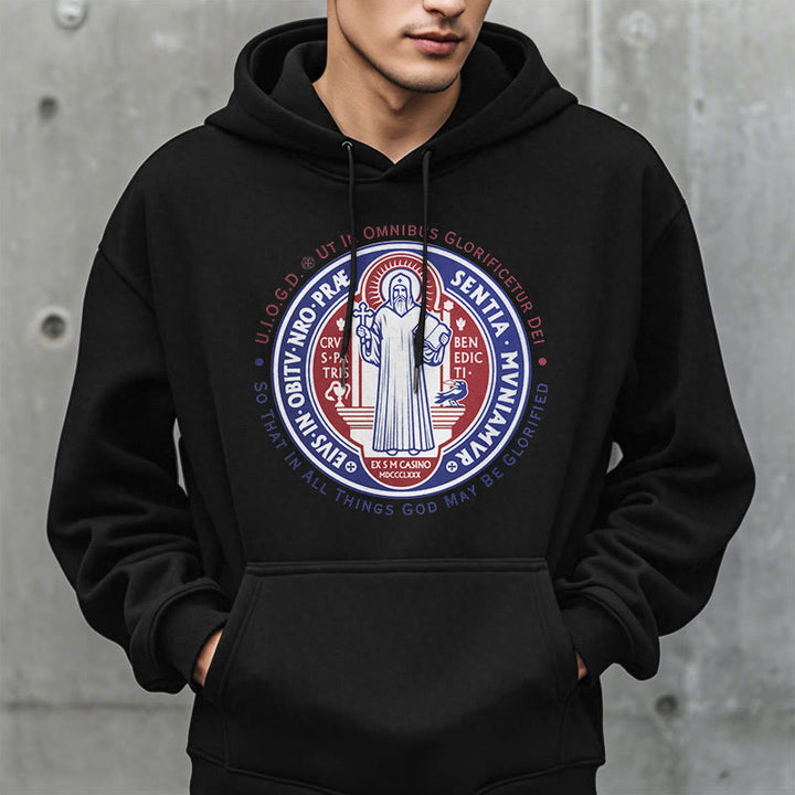 Christianartworkshop Klassischer farbiger Hoodie mit St.-Benedikt-Medaille, gefüttert mit Polyester, Fleece-Futter - image 2