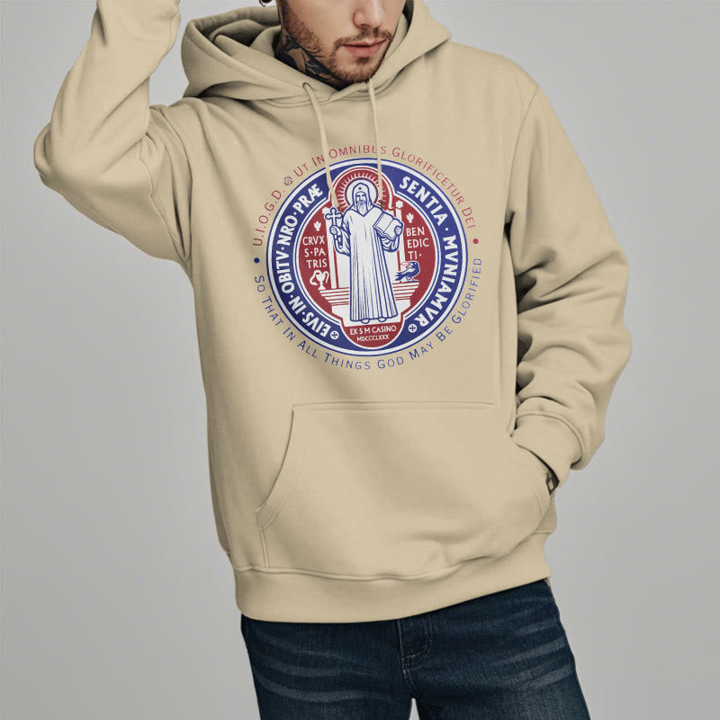 Christianartworkshop Klassischer farbiger Stil St. Benedikt-Medaillenemblem Fleece-gefütterter Polyester-Kapuzenpullover