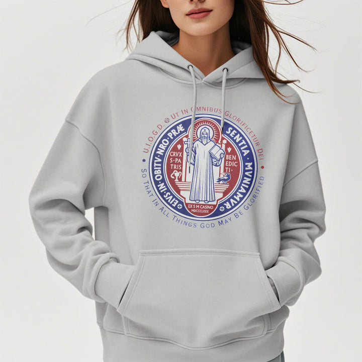 Christianartworkshop Klassischer farbiger Hoodie mit St.-Benedikt-Medaille, gefüttert mit Polyester, Fleece-Futter - image 32