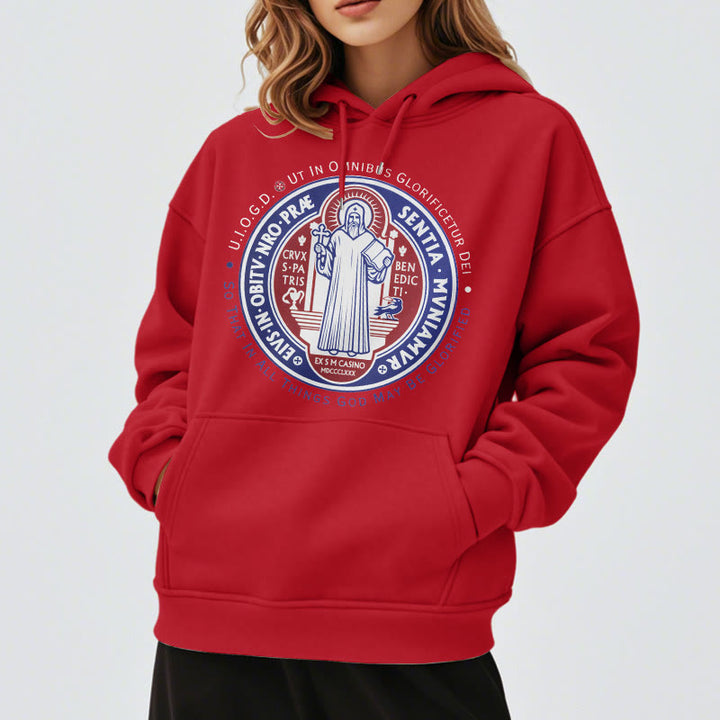 Christianartworkshop Klassischer farbiger Hoodie mit St.-Benedikt-Medaille, gefüttert mit Polyester, Fleece-Futter - image 37