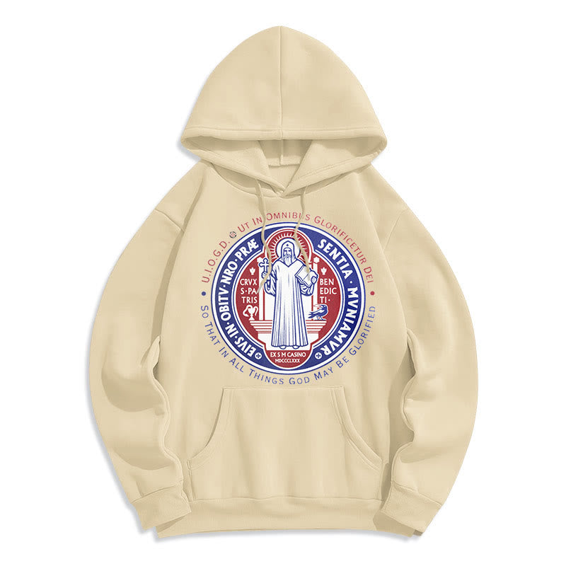 Christianartworkshop Klassischer farbiger Stil St. Benedikt-Medaillenemblem Fleece-gefütterter Polyester-Kapuzenpullover - Beige - 2XL - image 10
