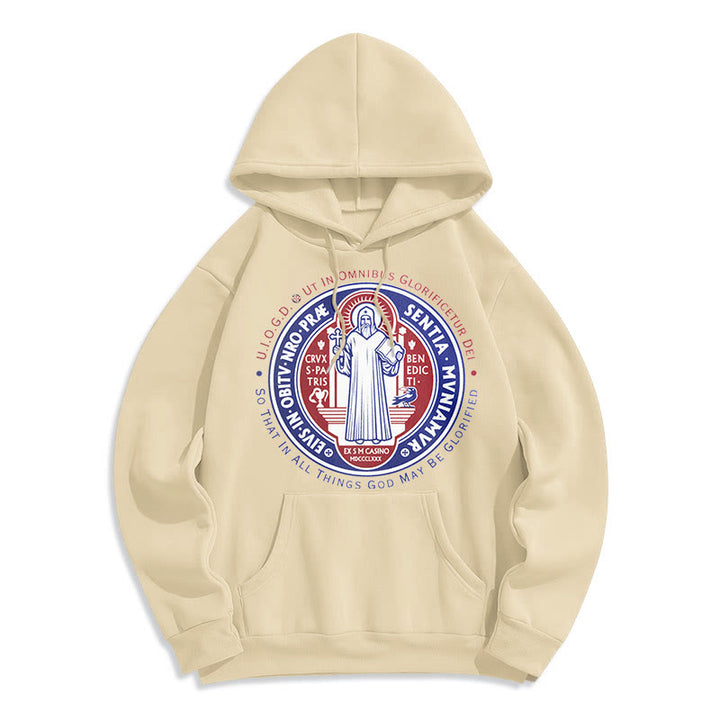 Christianartworkshop Klassischer farbiger Stil St. Benedikt-Medaillenemblem Fleece-gefütterter Polyester-Kapuzenpullover - Beige - 2XL - image 10
