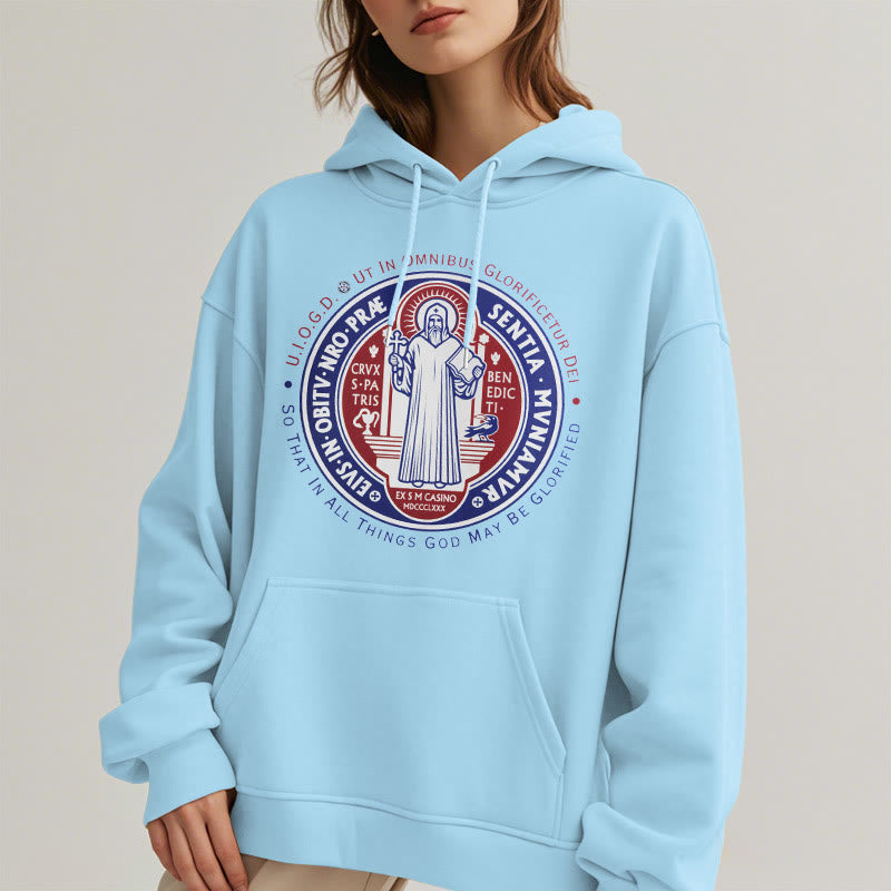 Christianartworkshop Klassischer farbiger Stil St. Benedikt-Medaillenemblem Fleece-gefütterter Polyester-Kapuzenpullover - image 28