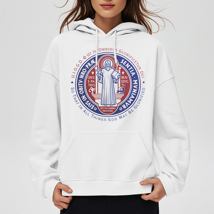 Christianartworkshop Klassischer farbiger Stil St. Benedikt-Medaillenemblem Fleece-gefütterter Polyester-Kapuzenpullover - image 8