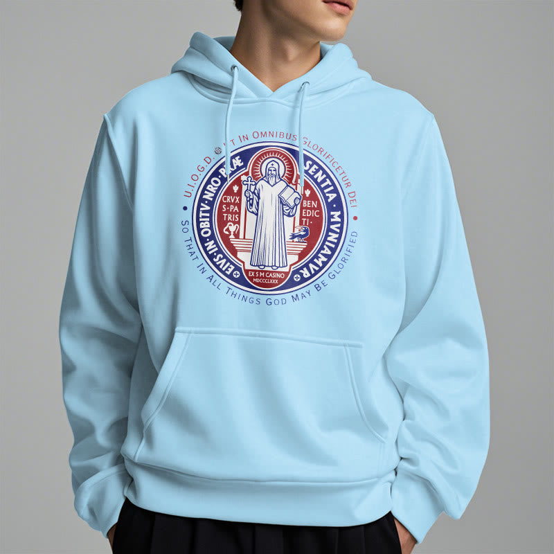 Christianartworkshop Klassischer farbiger Stil St. Benedikt-Medaillenemblem Fleece-gefütterter Polyester-Kapuzenpullover