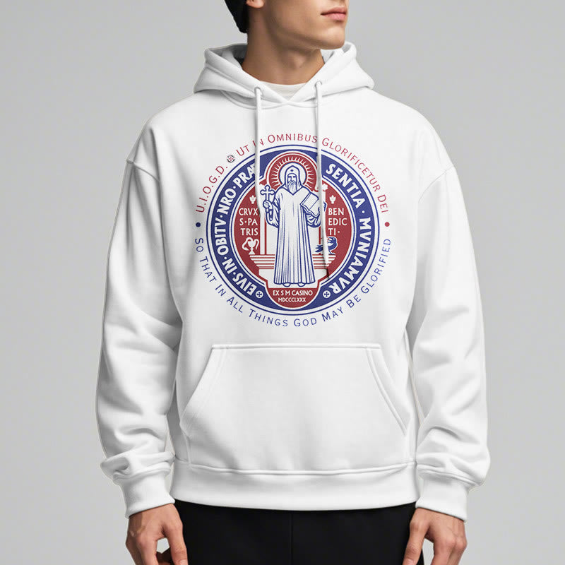 Christianartworkshop Klassischer farbiger Hoodie mit St.-Benedikt-Medaille, gefüttert mit Polyester, Fleece-Futter - image 7