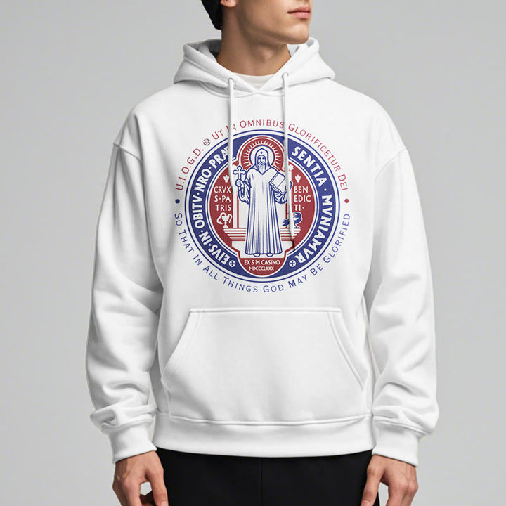 Christianartworkshop Klassischer farbiger Hoodie mit St.-Benedikt-Medaille, gefüttert mit Polyester, Fleece-Futter - image 7