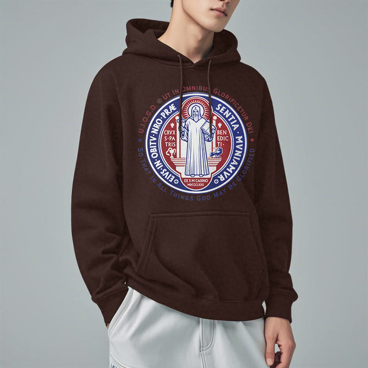 Christianartworkshop Klassischer farbiger Stil St. Benedikt-Medaillenemblem Fleece-gefütterter Polyester-Kapuzenpullover - image 17