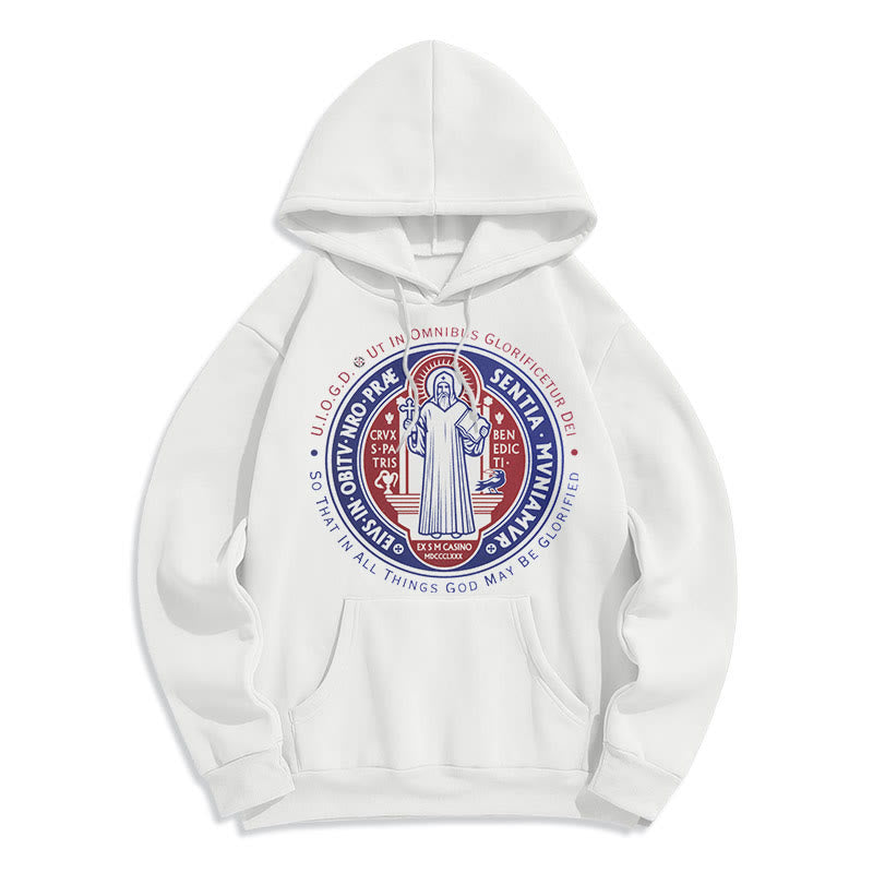 Christianartworkshop Klassischer farbiger Stil St. Benedikt-Medaillenemblem Fleece-gefütterter Polyester-Kapuzenpullover - Weiß - 2XL - image 5