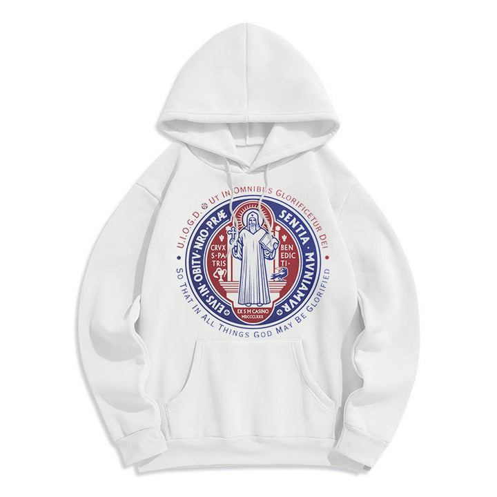 Christianartworkshop Klassischer farbiger Stil St. Benedikt-Medaillenemblem Fleece-gefütterter Polyester-Kapuzenpullover - Weiß - 2XL - image 5