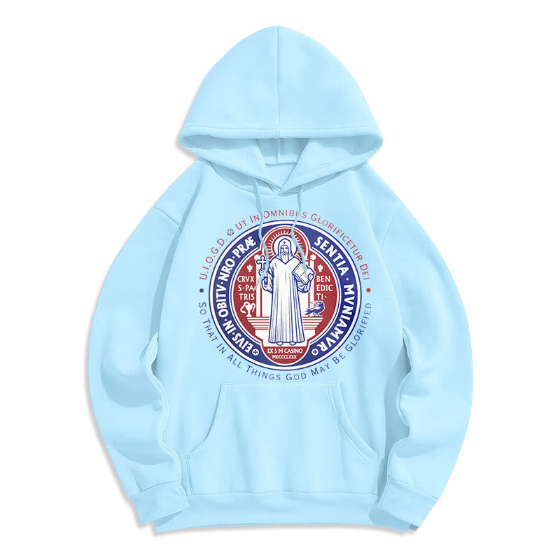 Christianartworkshop Klassischer farbiger Stil St. Benedikt-Medaillenemblem Fleece-gefütterter Polyester-Kapuzenpullover - Blau - 2XL - image 25