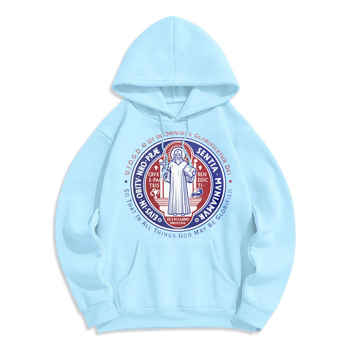 Christianartworkshop Klassischer farbiger Stil St. Benedikt-Medaillenemblem Fleece-gefütterter Polyester-Kapuzenpullover - Blau - 2XL - image 25