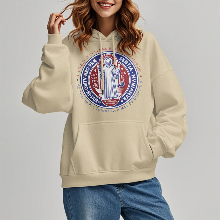 Christianartworkshop Klassischer farbiger Stil St. Benedikt-Medaillenemblem Fleece-gefütterter Polyester-Kapuzenpullover - image 13