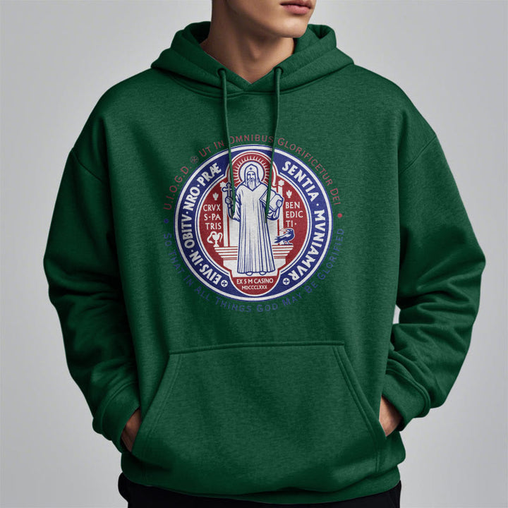 Christianartworkshop Klassischer farbiger Stil St. Benedikt-Medaillenemblem Fleece-gefütterter Polyester-Kapuzenpullover