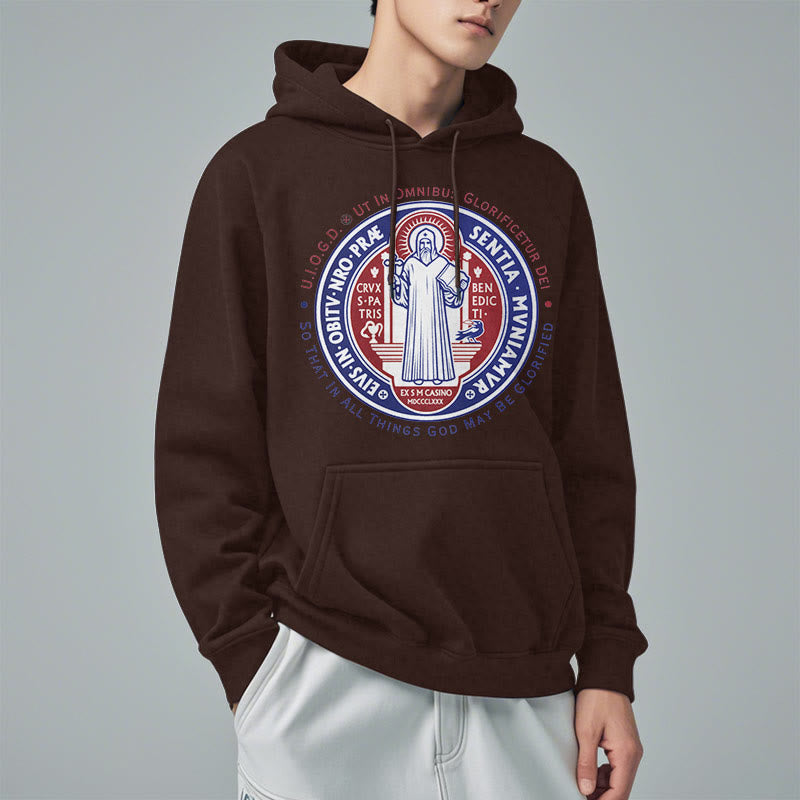 Christianartworkshop Klassischer farbiger Hoodie mit St.-Benedikt-Medaille, gefüttert mit Polyester, Fleece-Futter - image 17