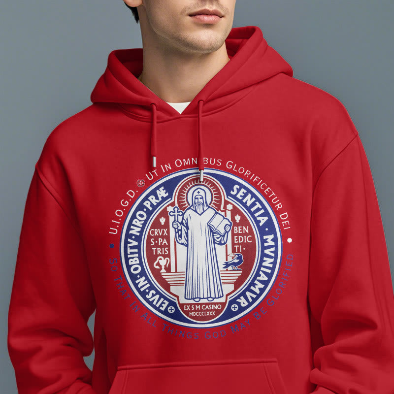 Christianartworkshop Klassischer farbiger Stil St. Benedikt-Medaillenemblem Fleece-gefütterter Polyester-Kapuzenpullover